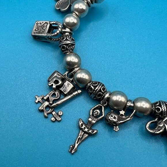 Sterling Silver 925 Charm Bracelet Cuff Beaded Ballerina Ruler Apple Elephant - Picture 3 of 11